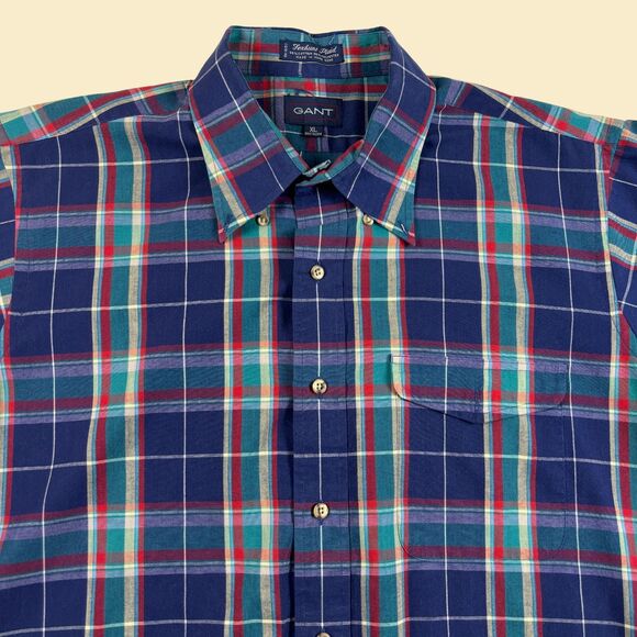 90s XL Gant shirt, vintage blue & teal short sleeve plaid mens button down top - Picture 10 of 10